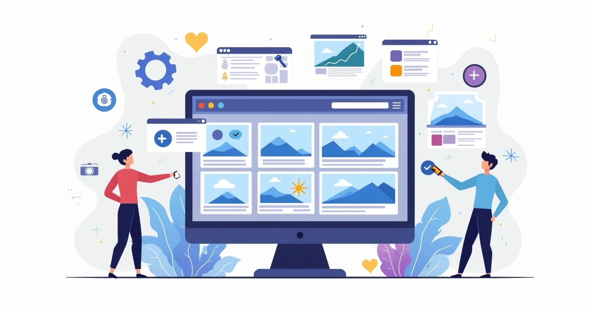 Flat illustration of image SEO optimization on a computer screen