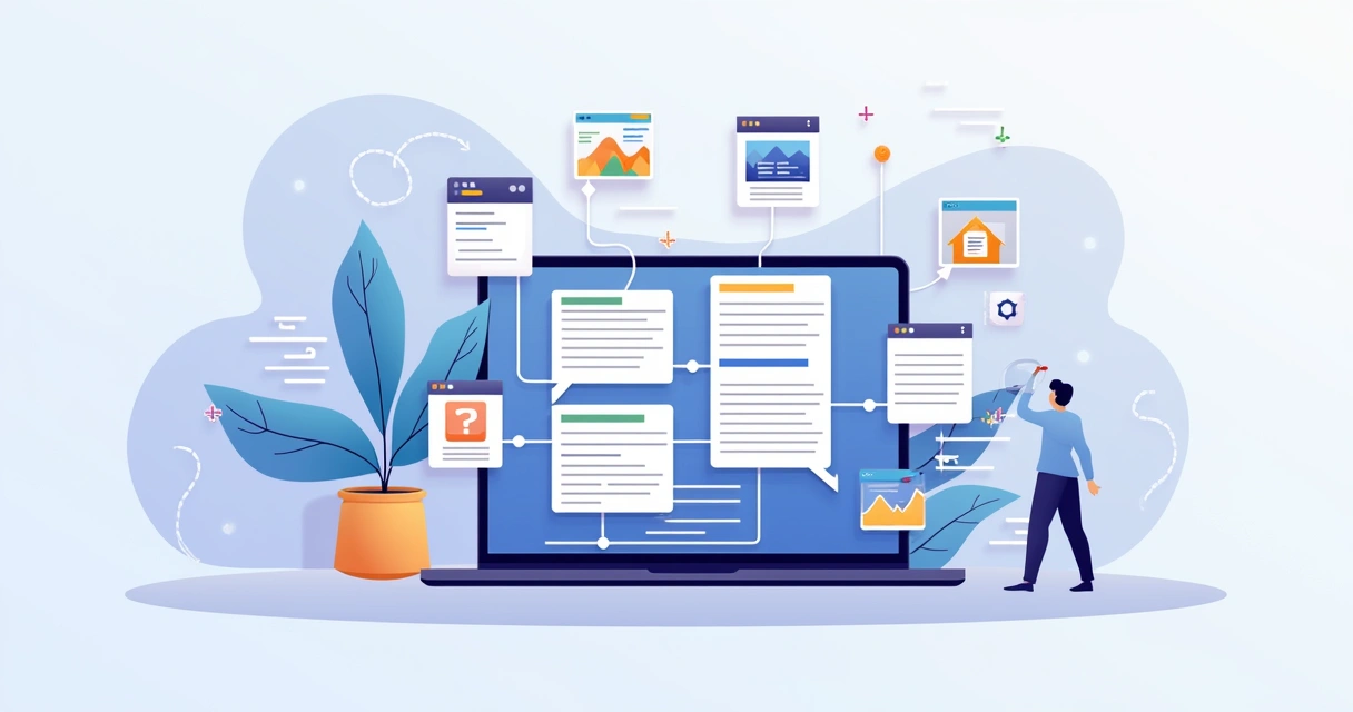 Flat illustration of anchor text links connecting web pages on a laptop screen