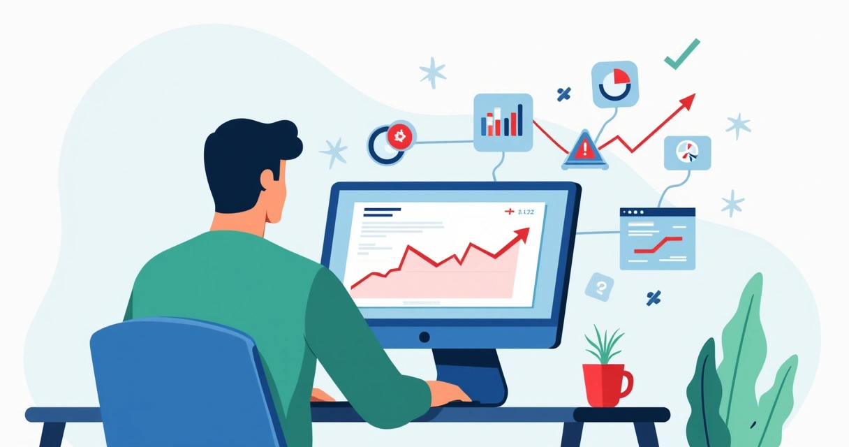 Flat illustration of a blogger analyzing falling blog metrics on a laptop dashboard