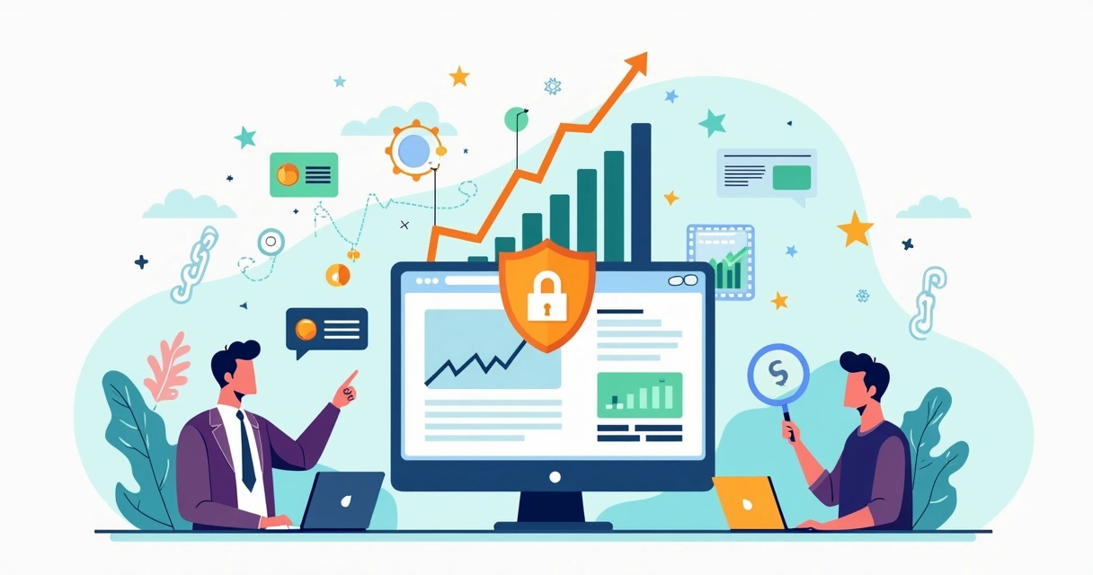 Flat illustration of a website gaining trust and higher domain authority with links and charts