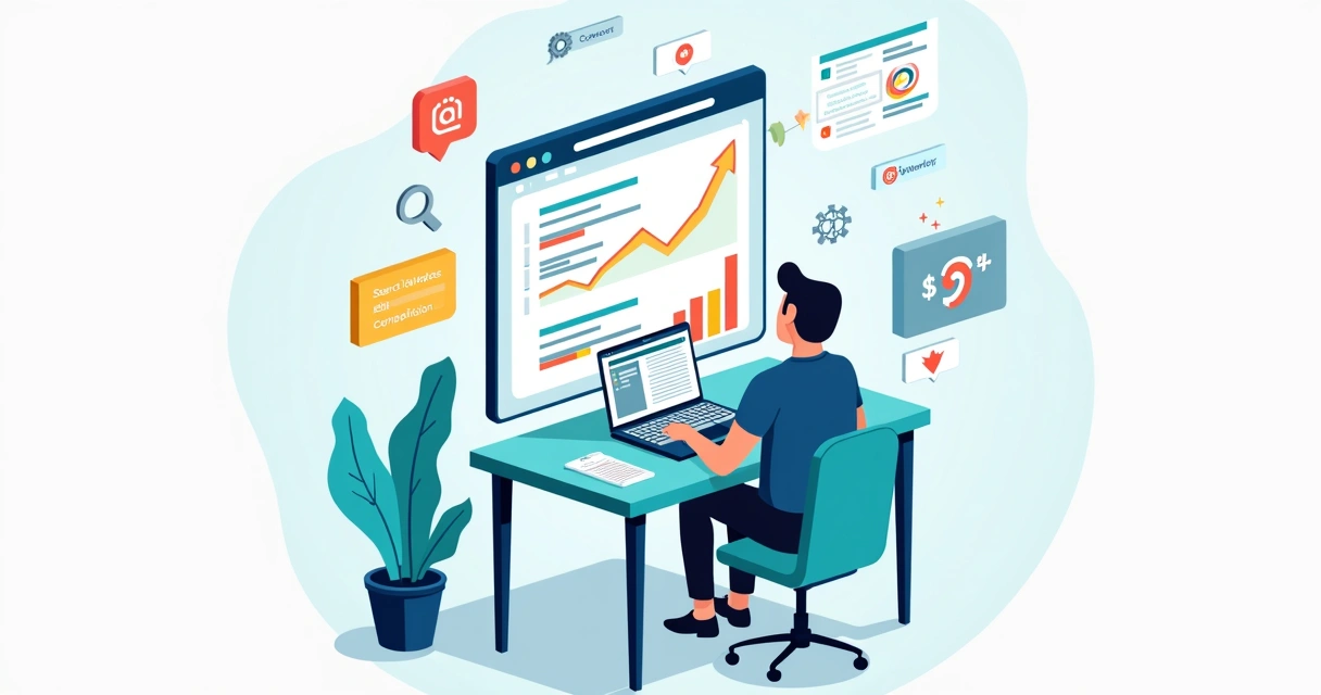 Flat illustration of marketer analyzing keyword data on laptop with charts and search icons