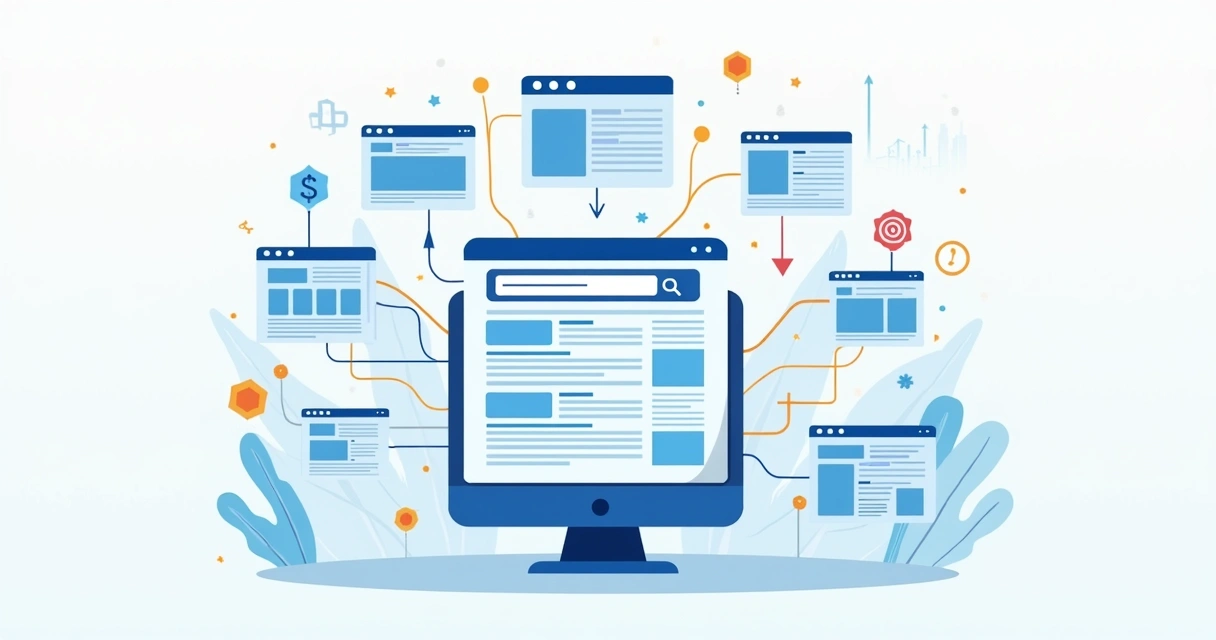 Flat illustration of a Google-style search results page with interconnected web pages representing PageRank links