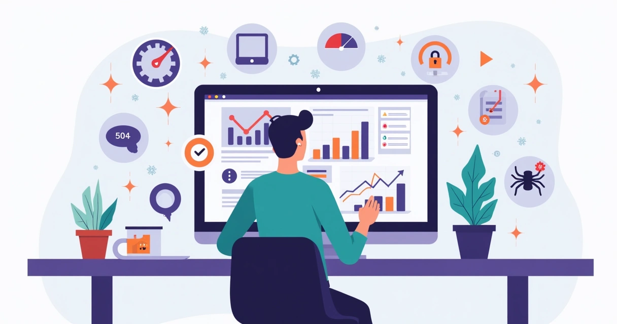 Digital marketer analyzing website technical SEO audit on laptop with charts and error icons