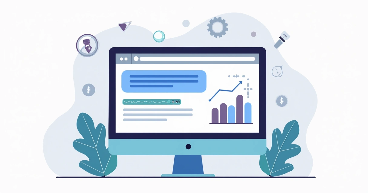 Flat illustration of a browser search results page highlighting an optimized title tag and high click rate