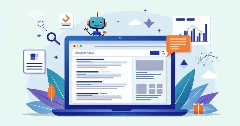 Colorful SERP illustration with search results, snippets, and charts on a laptop screen